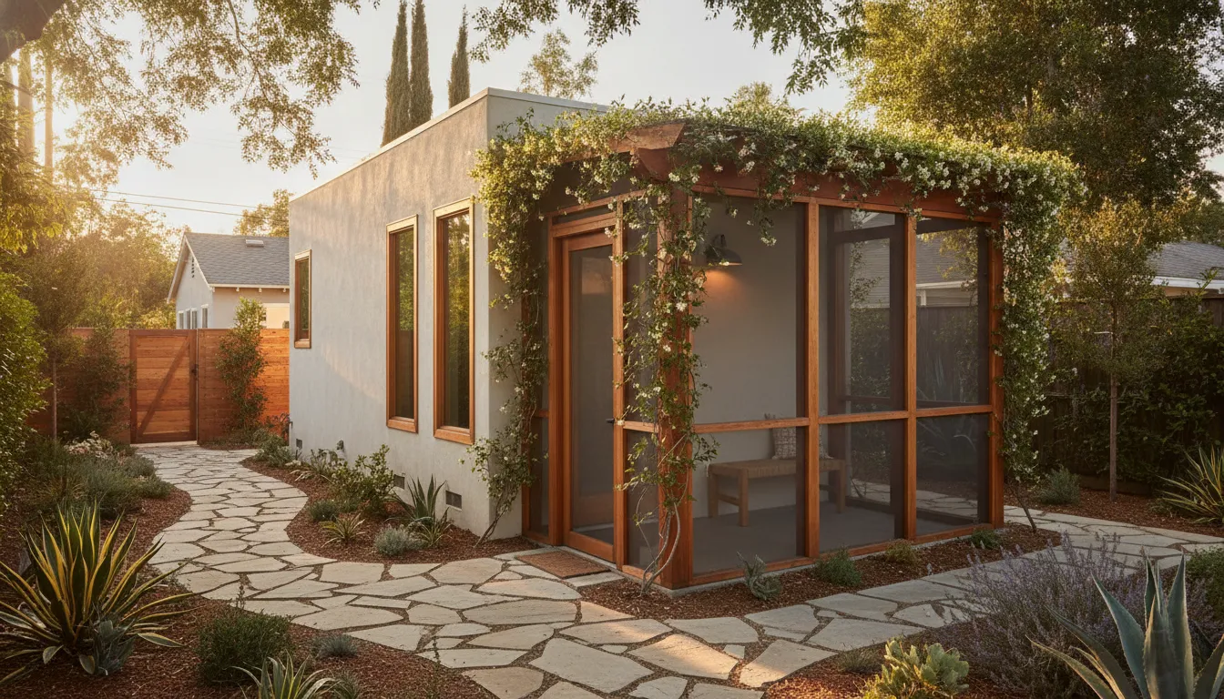 Detached ADU entry with screened patio, private walkway, and San Diego landscaping