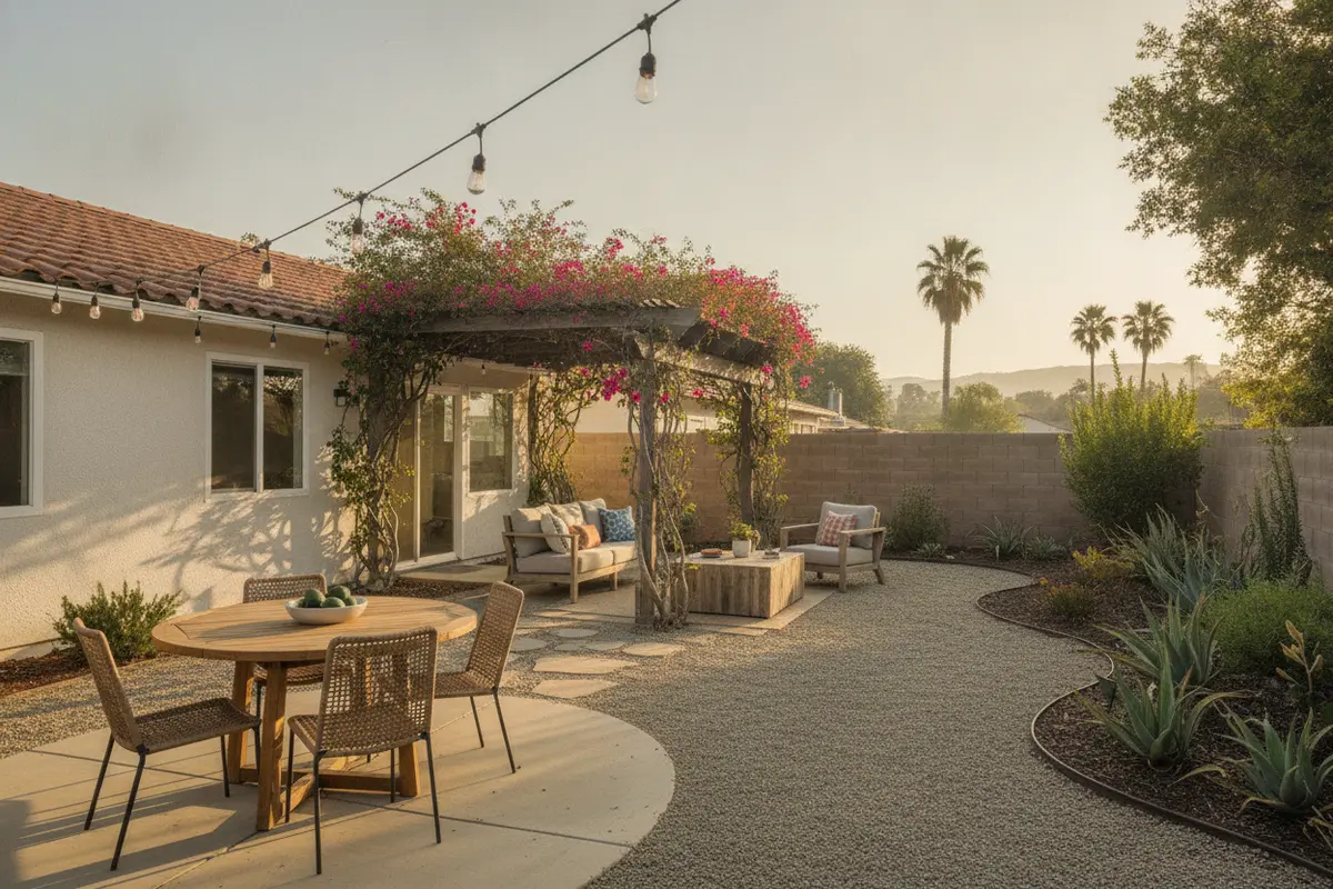 Backyard with connected dining, shaded lounge, planting, and walking zones