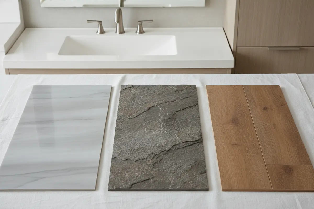 Bathroom flooring samples in tile and vinyl finishes