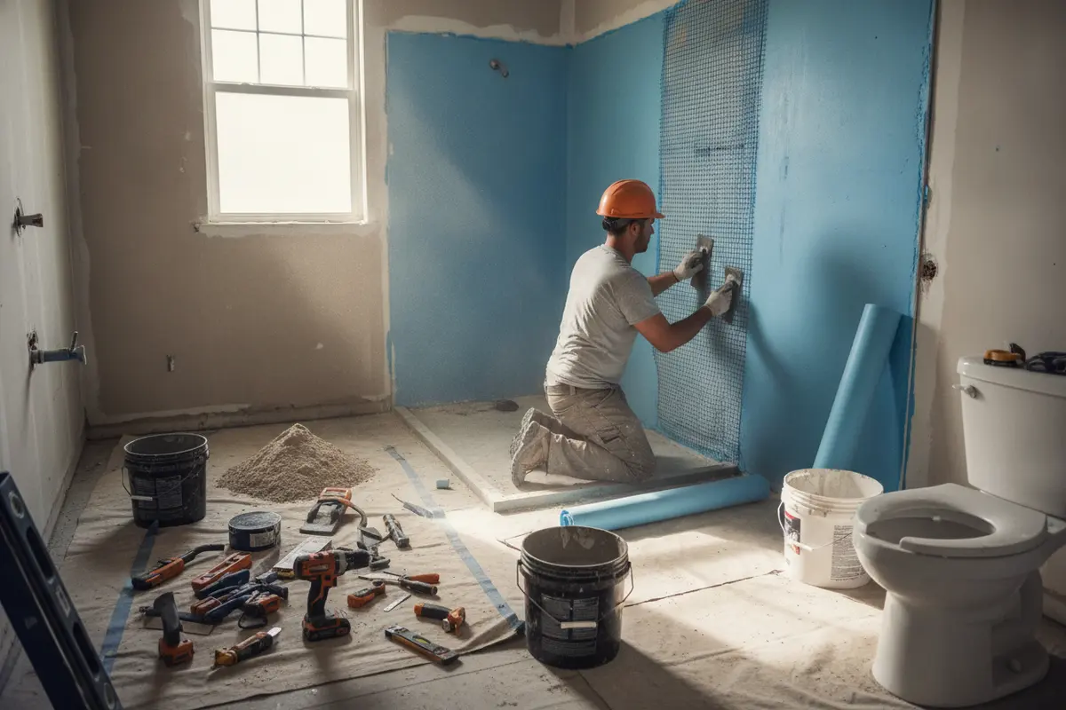 Bathroom renovation work underway in a shower area