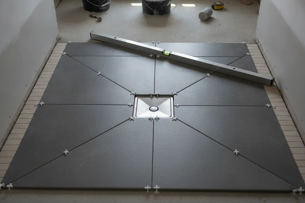 Bathroom tile layout planned around a shower-floor drain