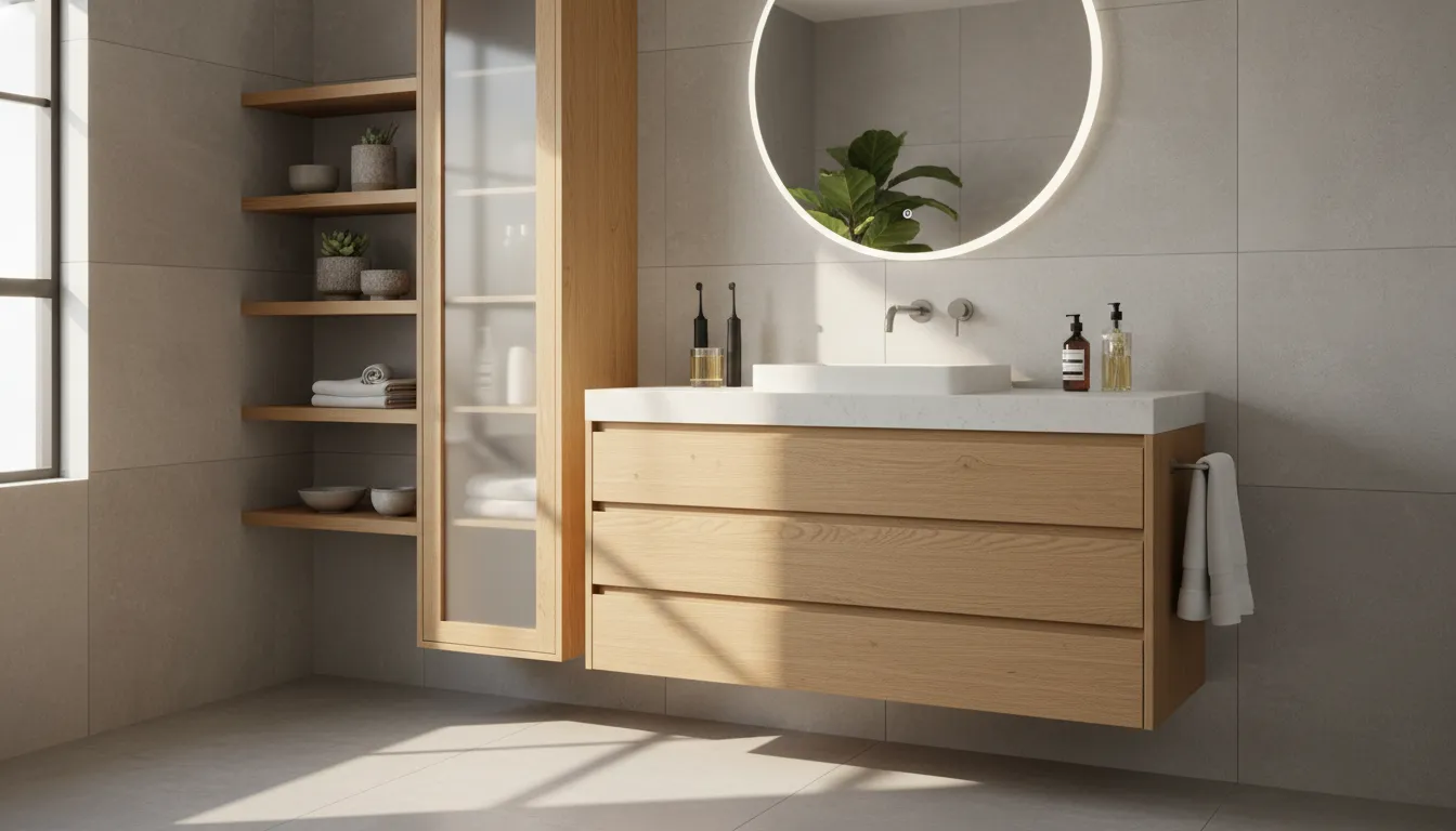 Organized vanity drawers and vertical cabinetry in a small bathroom