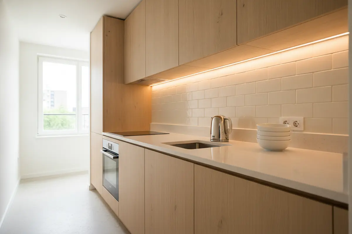 Bright compact kitchen showing organized cabinet storage and useful counter lighting