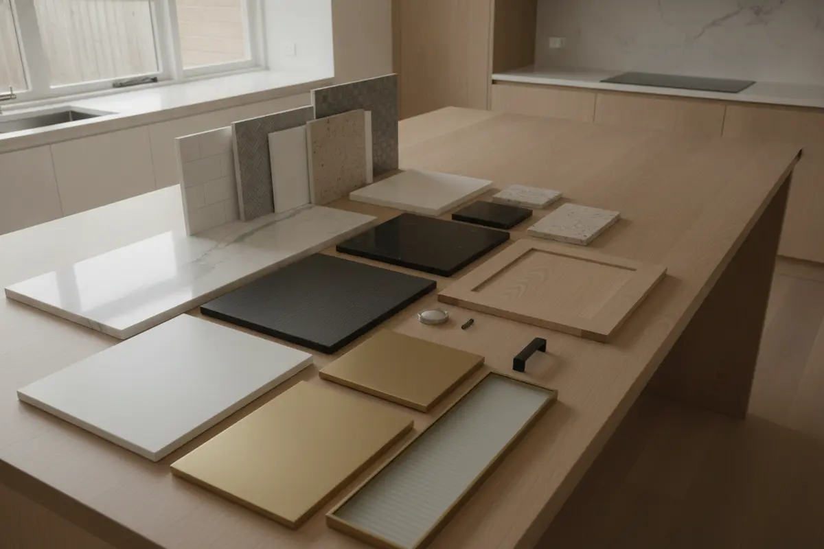 Cabinet door and finish samples arranged beside countertop and backsplash materials in a kitchen design setting