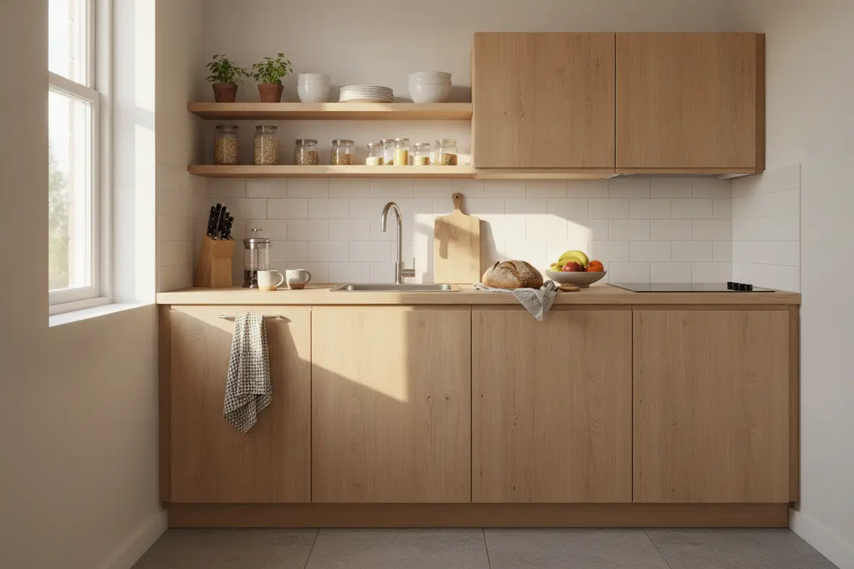 Compact kitchen arranged with a clear prep counter between the sink and cooktop