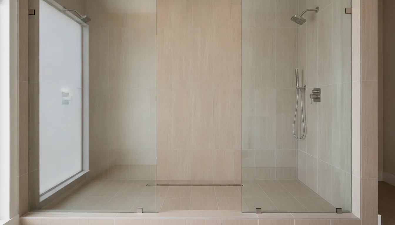 Modern curbless shower with flush tile entry and linear drain