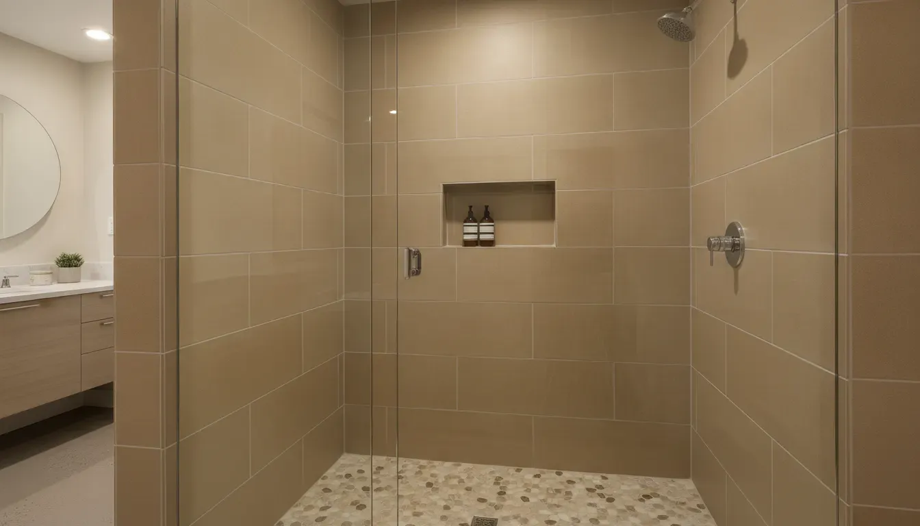 Balanced tile layout and recessed niche in a custom tiled shower