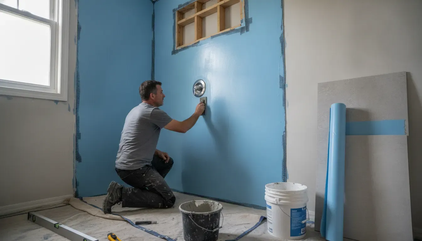 Waterproofing preparation for a custom tile shower installation
