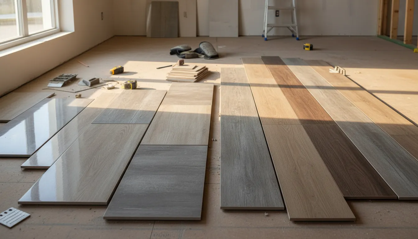 Tile vs LVP flooring samples compared side by side