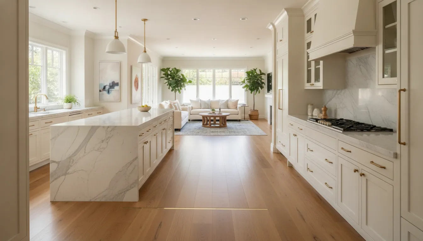 Coordinated flooring flowing between connected remodeled rooms