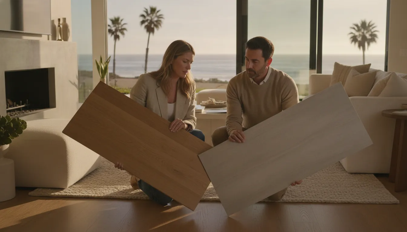 LVP and engineered hardwood flooring samples compared in a design setting