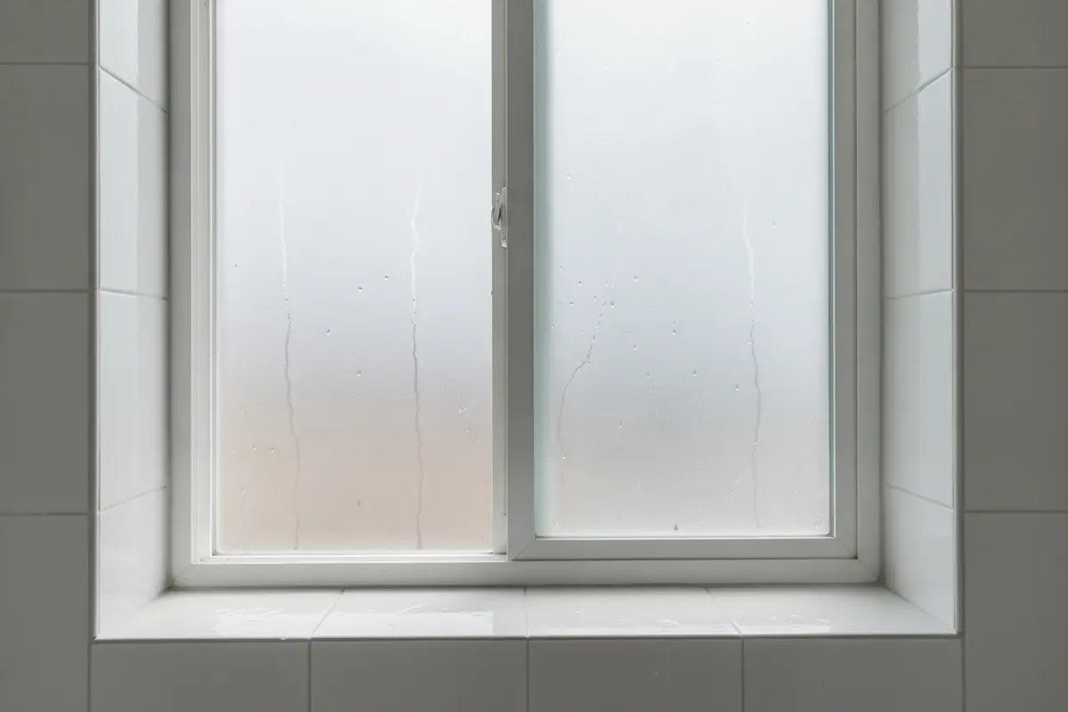 Frosted shower window with a sloped tiled sill and finished waterproofed edges