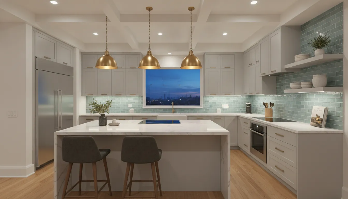 Pendant and under-cabinet lighting over a kitchen island and counters
