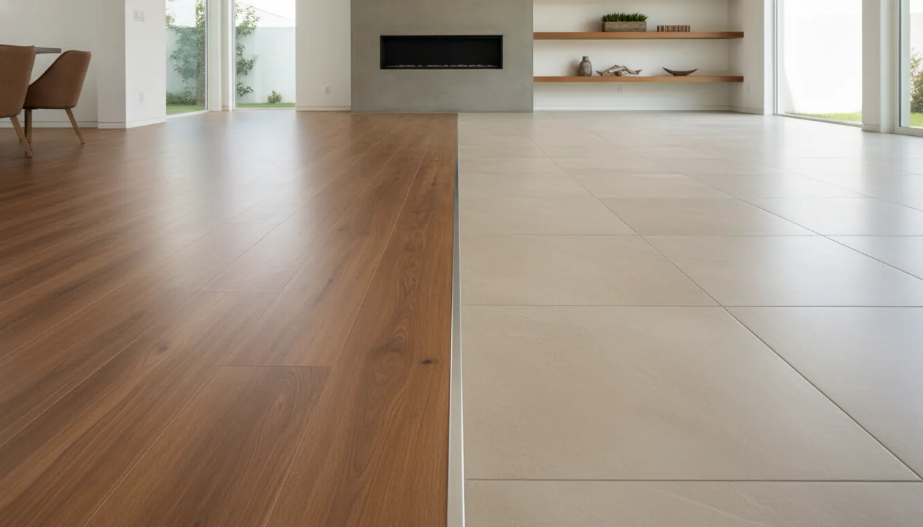 Tile and luxury vinyl plank flooring compared in a modern home