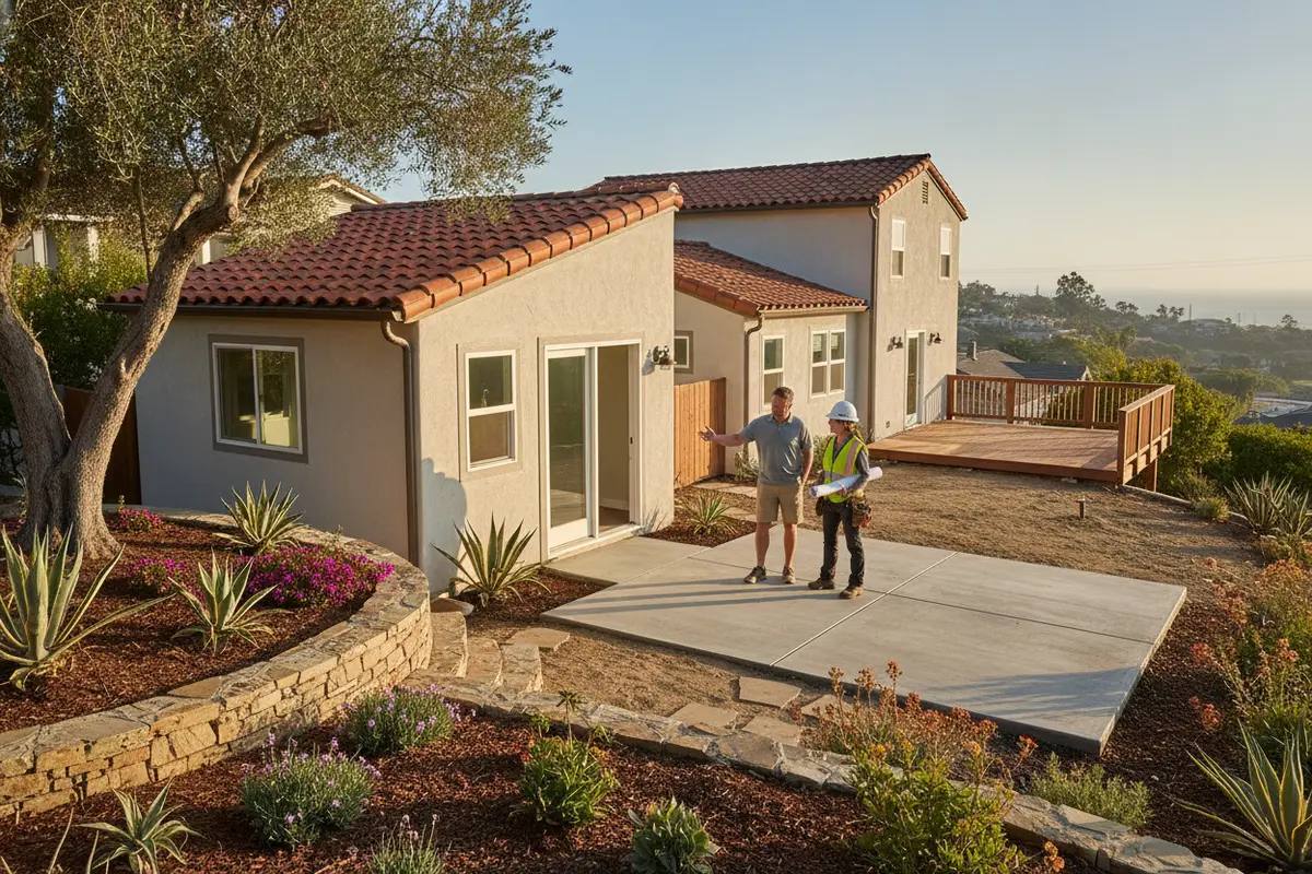 Homeowner and construction professional reviewing a potential ADU location