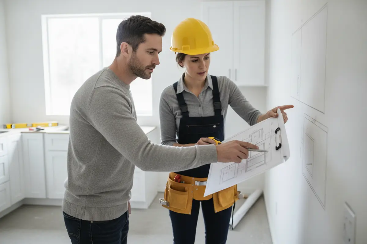 Homeowner and contractor reviewing a kitchen plan and noting proposed changes
