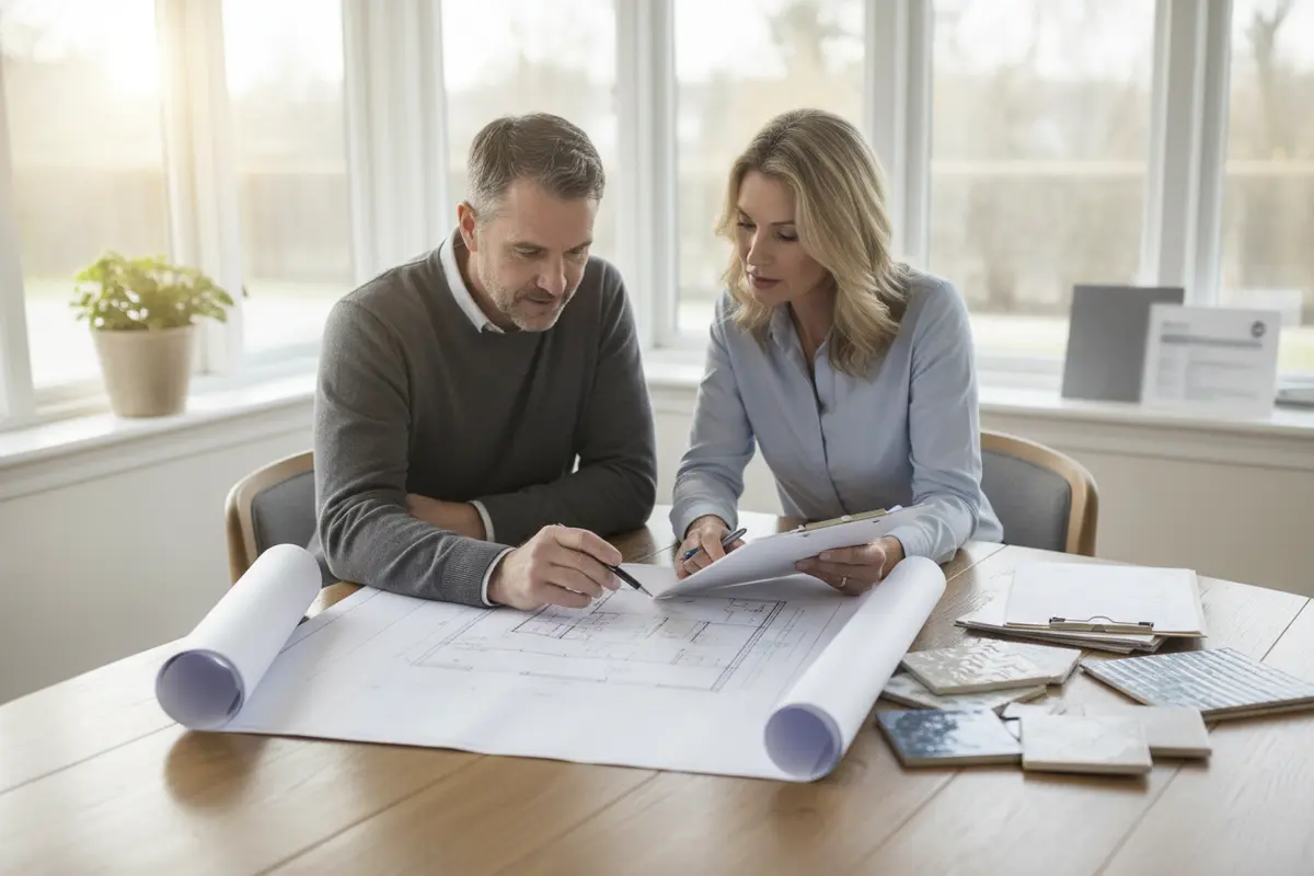 Homeowner and remodeling professional reviewing bathroom plans and paperwork