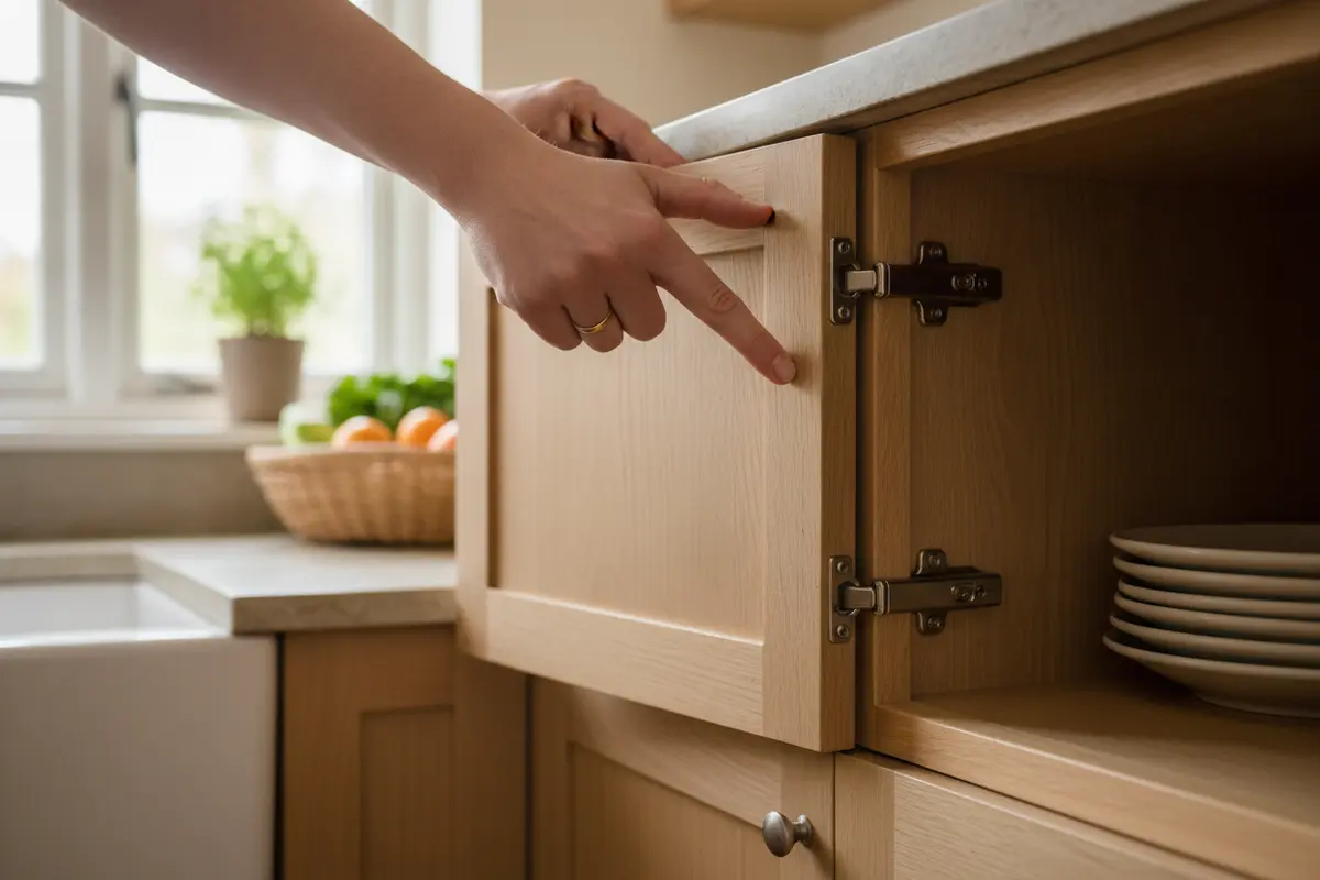 Homeowner checking the interior and hinges of a kitchen cabinet before deciding whether to reface it