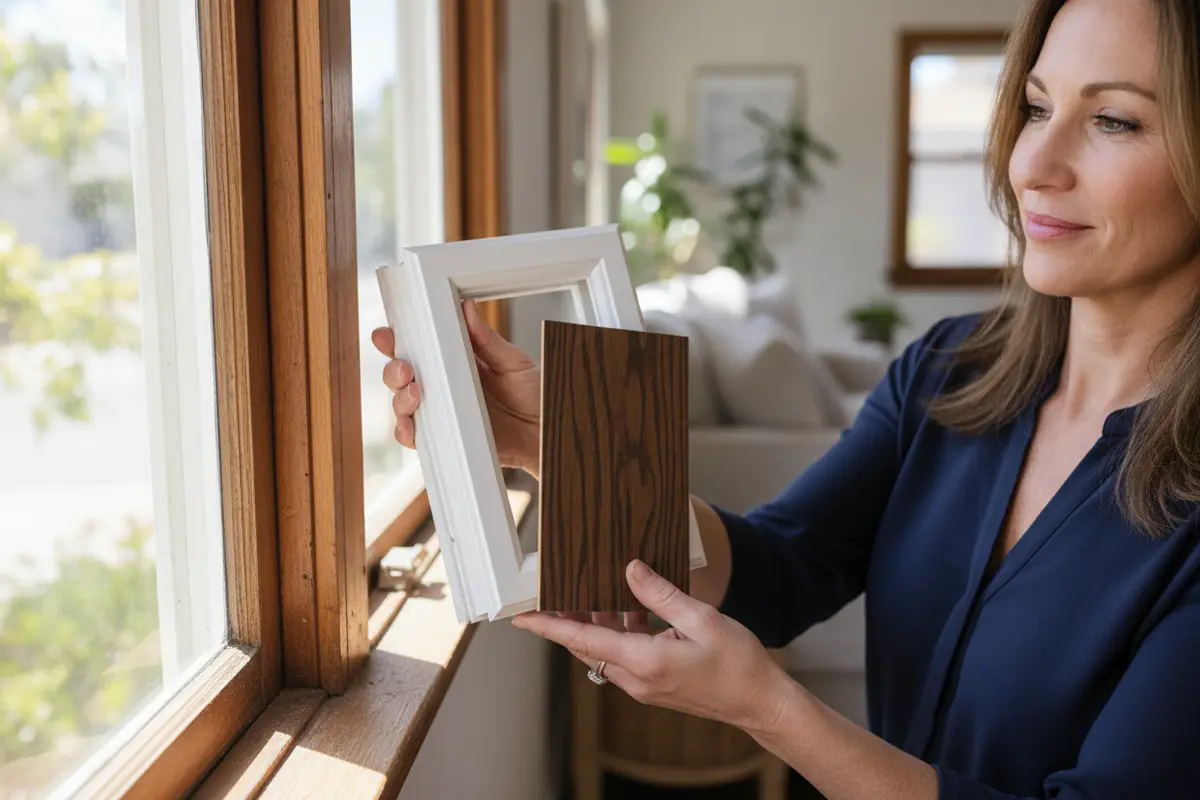 Homeowner comparing a window finish and door style before a replacement project