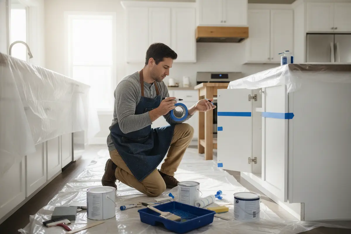 Homeowner organizing cabinet doors and supplies before a DIY kitchen refresh