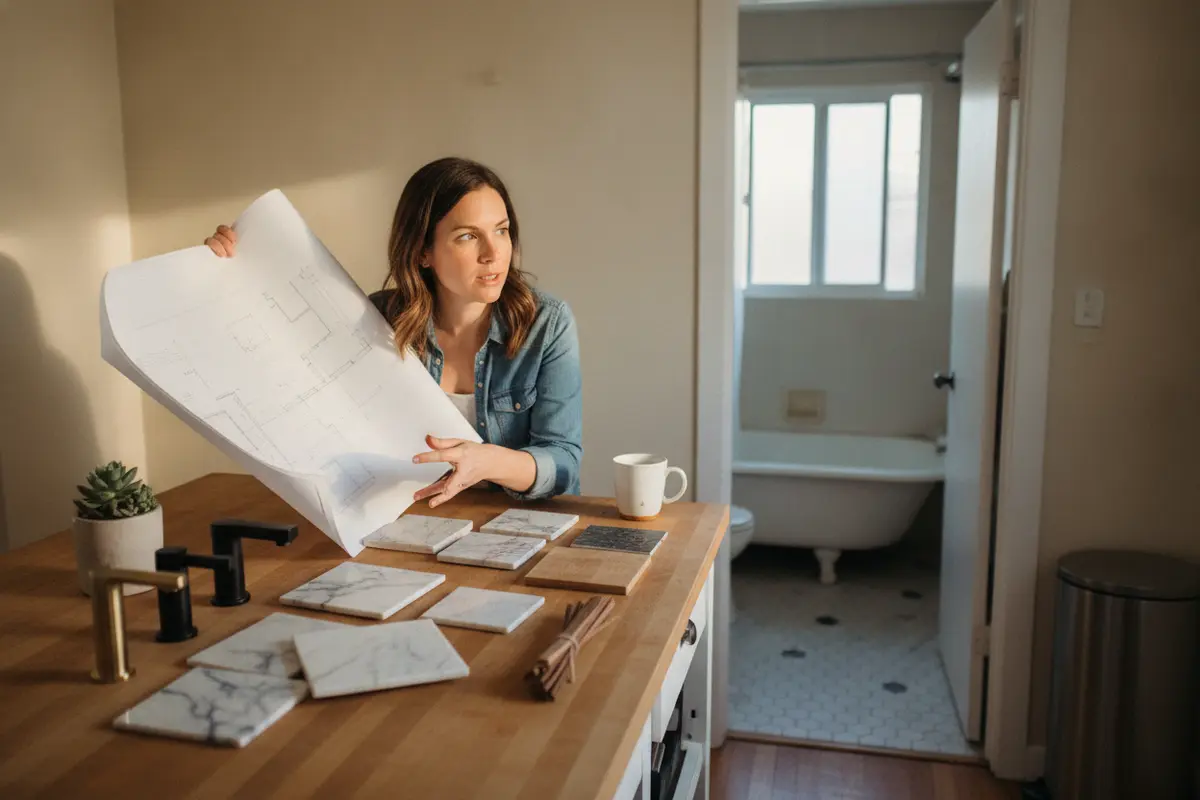 Homeowner reviewing bathroom remodel plans and material samples
