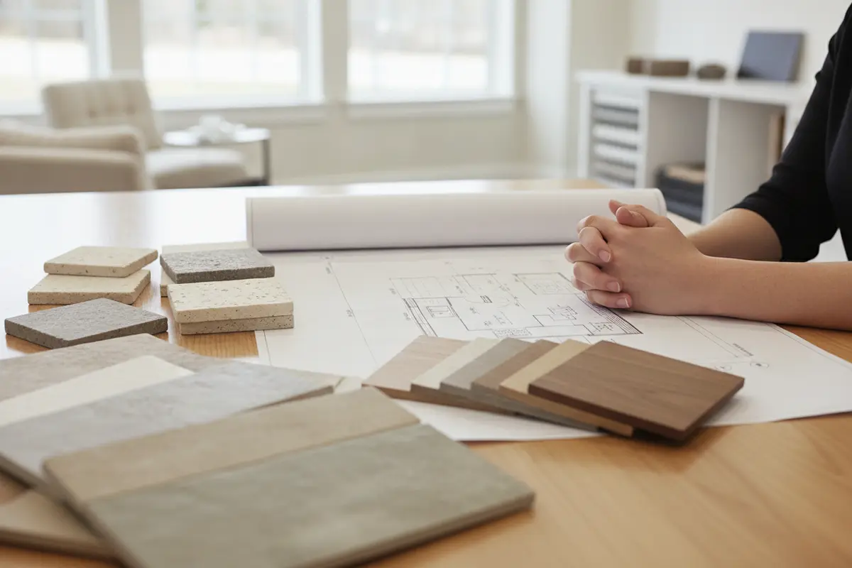 Homeowner reviewing countertop samples and kitchen plans at a design center