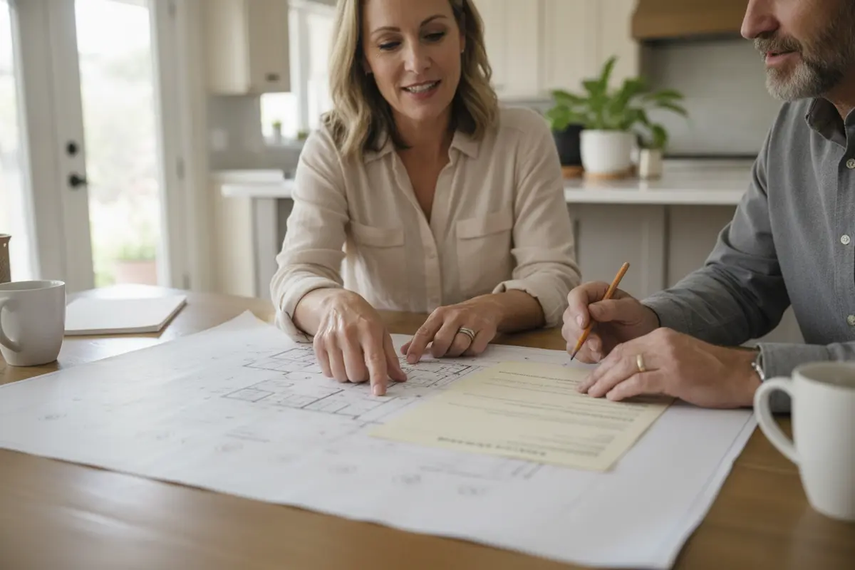 Homeowners reviewing an addition proposal and plans with a contractor