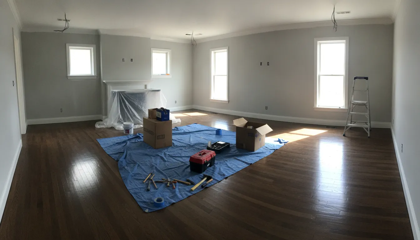 Open concept home interior during renovation showing new flooring and fresh drywall