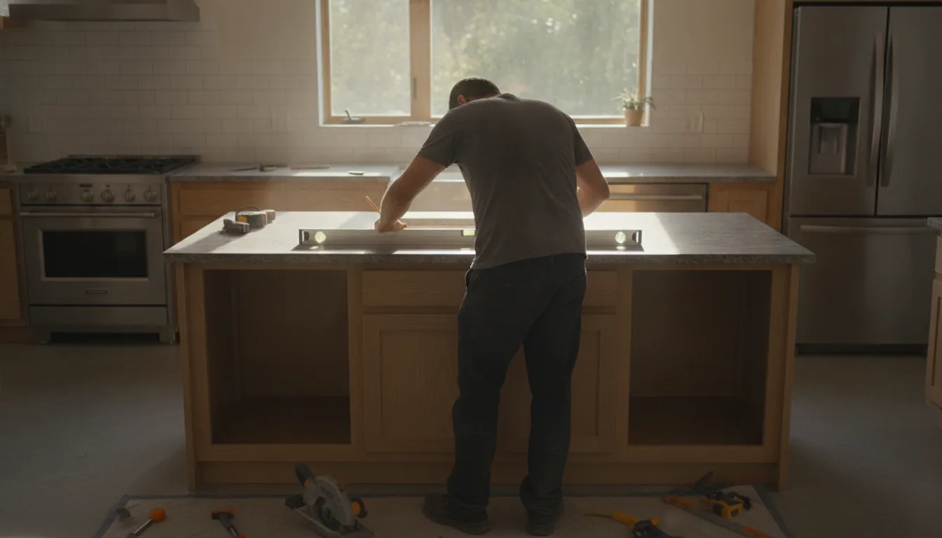 Countertop fabrication workers measuring a stone slab in a workshop