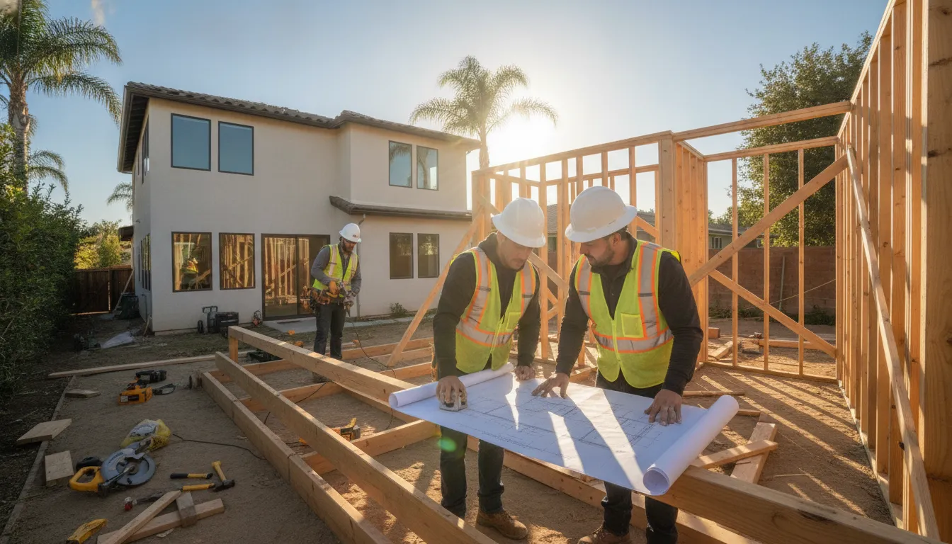 Construction crew framing a new ADU in a San Diego backyard