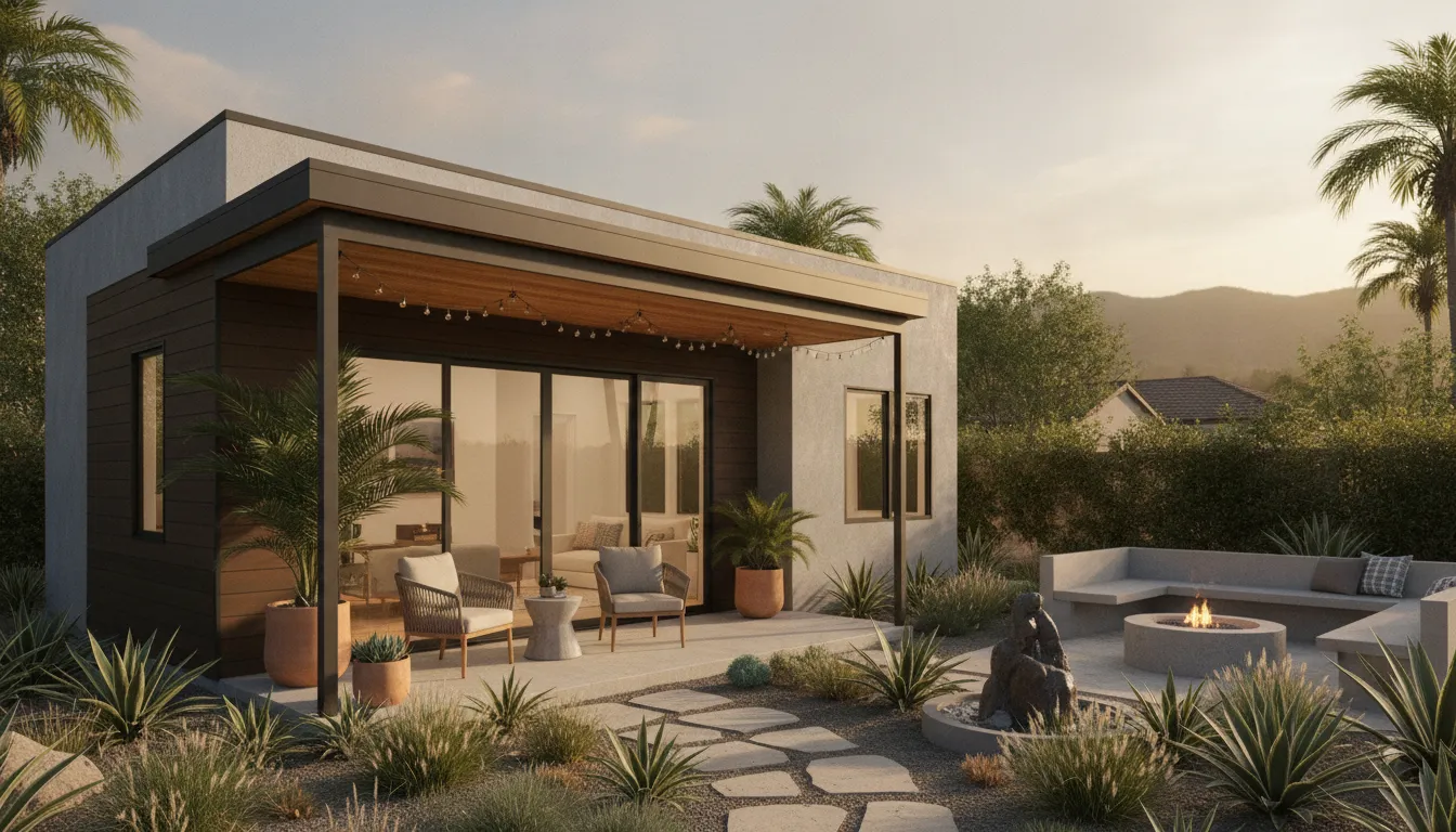 Finished detached ADU with a covered porch in a landscaped San Diego backyard