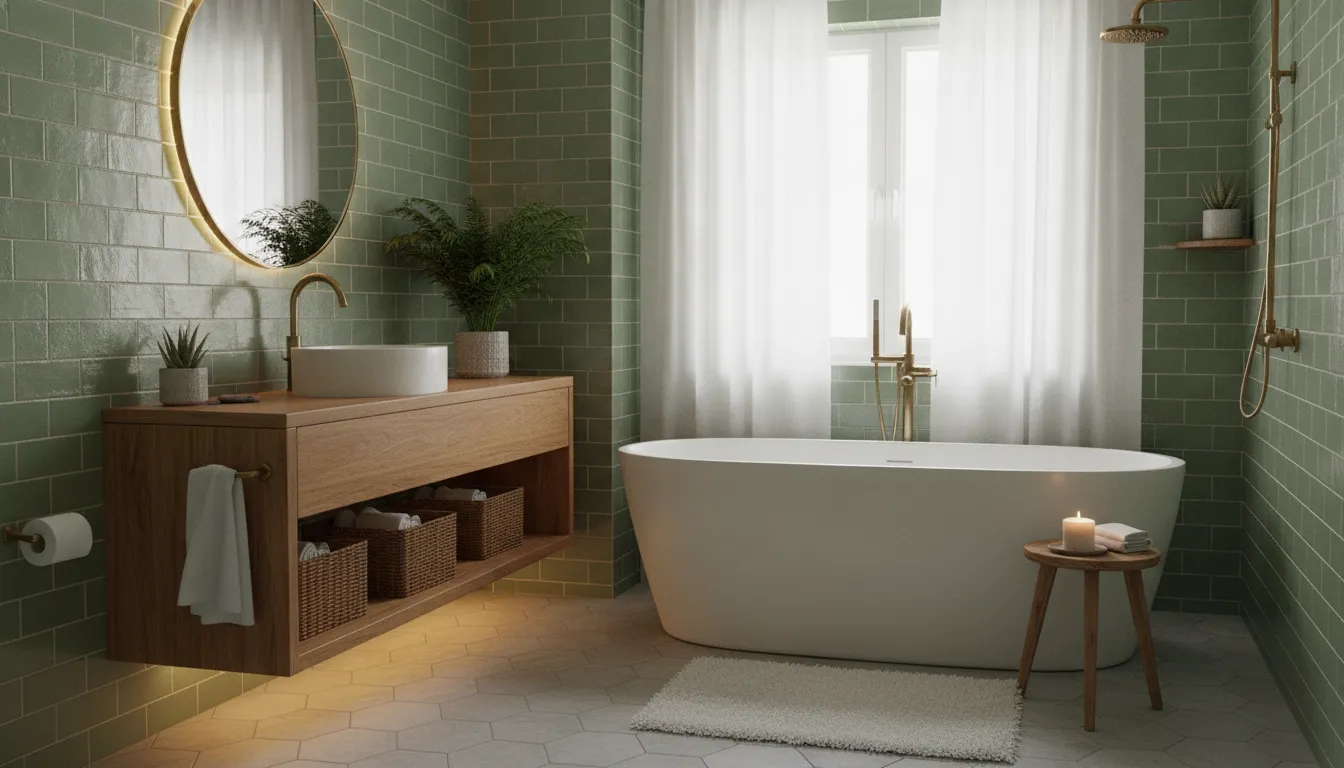 Sage green subway tile bathroom wall with brass fixtures and warm wood vanity creating a spa atmosphere