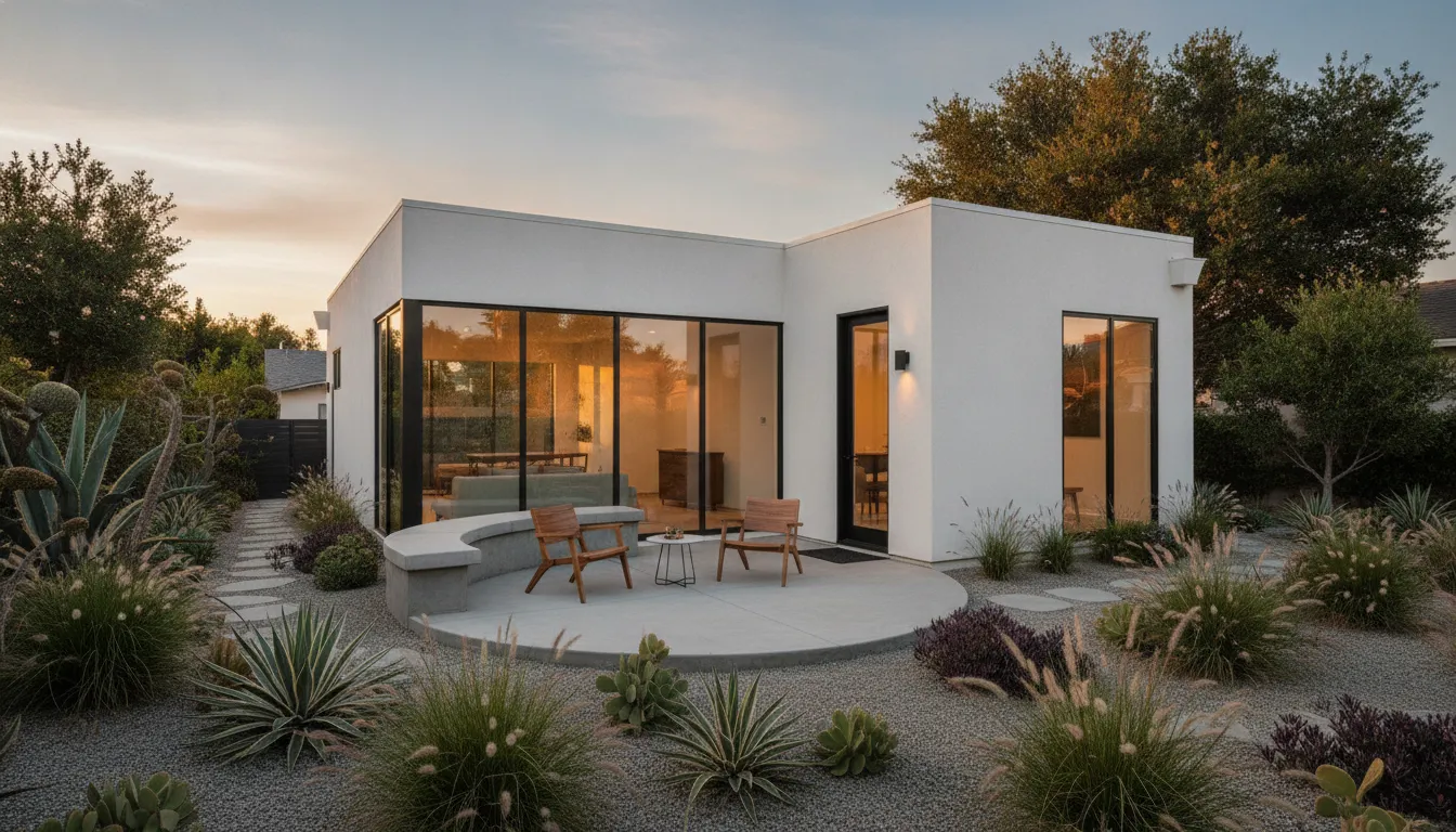 Finished modern backyard accessory dwelling unit with a small patio in San Diego