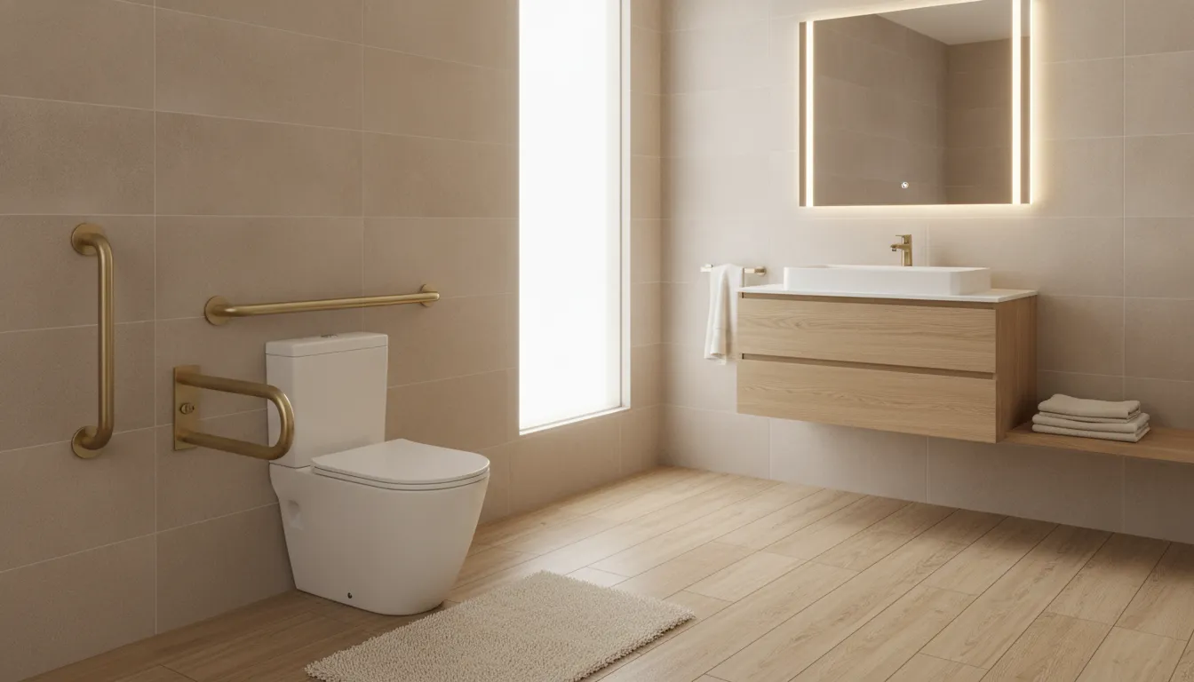Professionally installed grab bars beside a comfort-height toilet