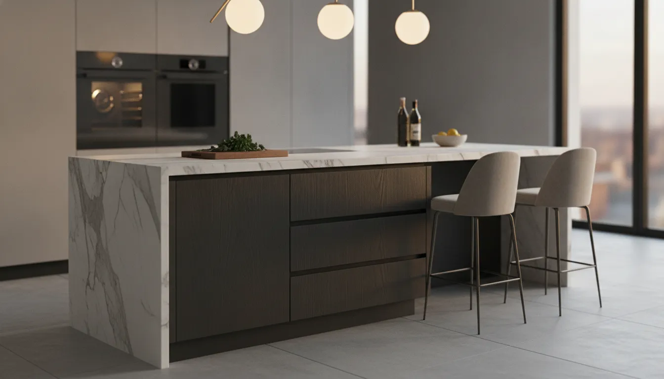 Kitchen island with seating, deep drawers, and a generous countertop overhang