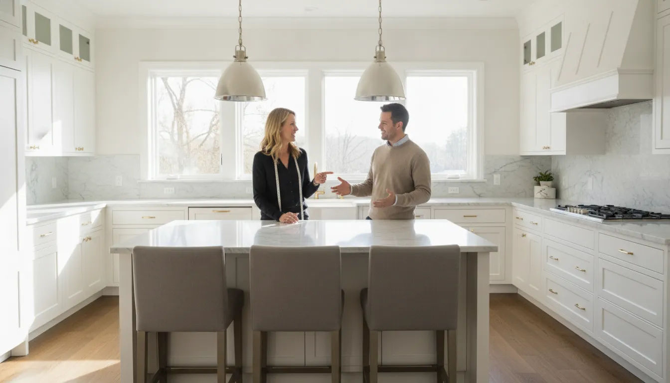 Homeowner and designer discussing kitchen island with seating layout