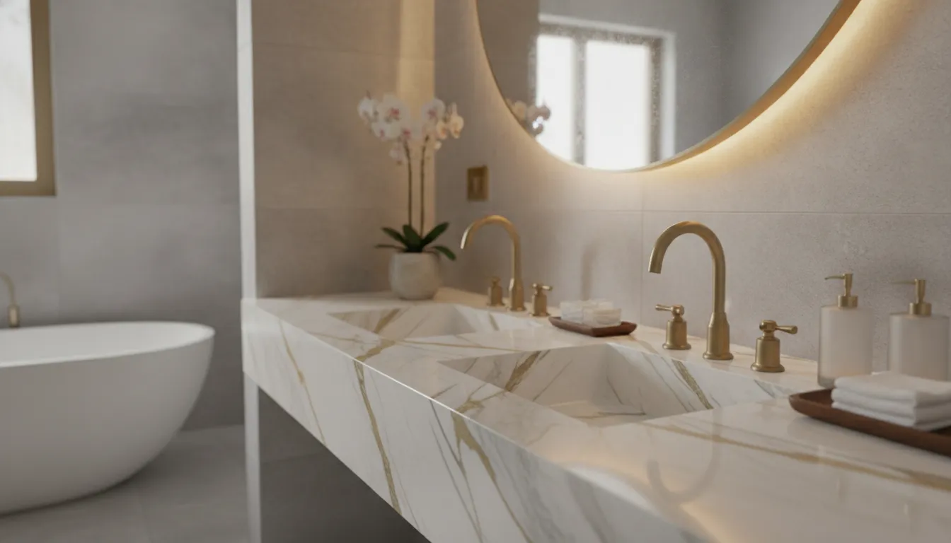 Elegant marble bathroom vanity with distinctive gray veining against white stone