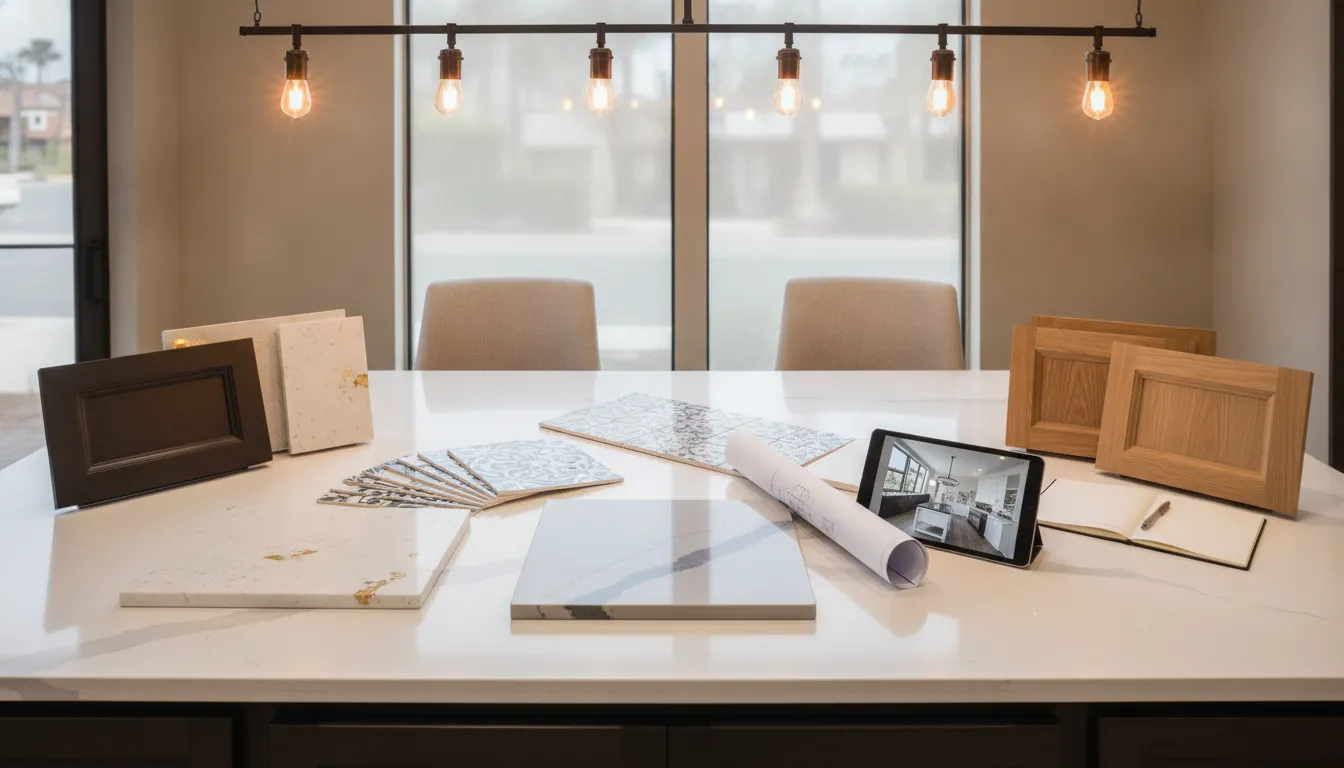 Design consultation table with countertop samples, tile swatches, and cabinet door samples