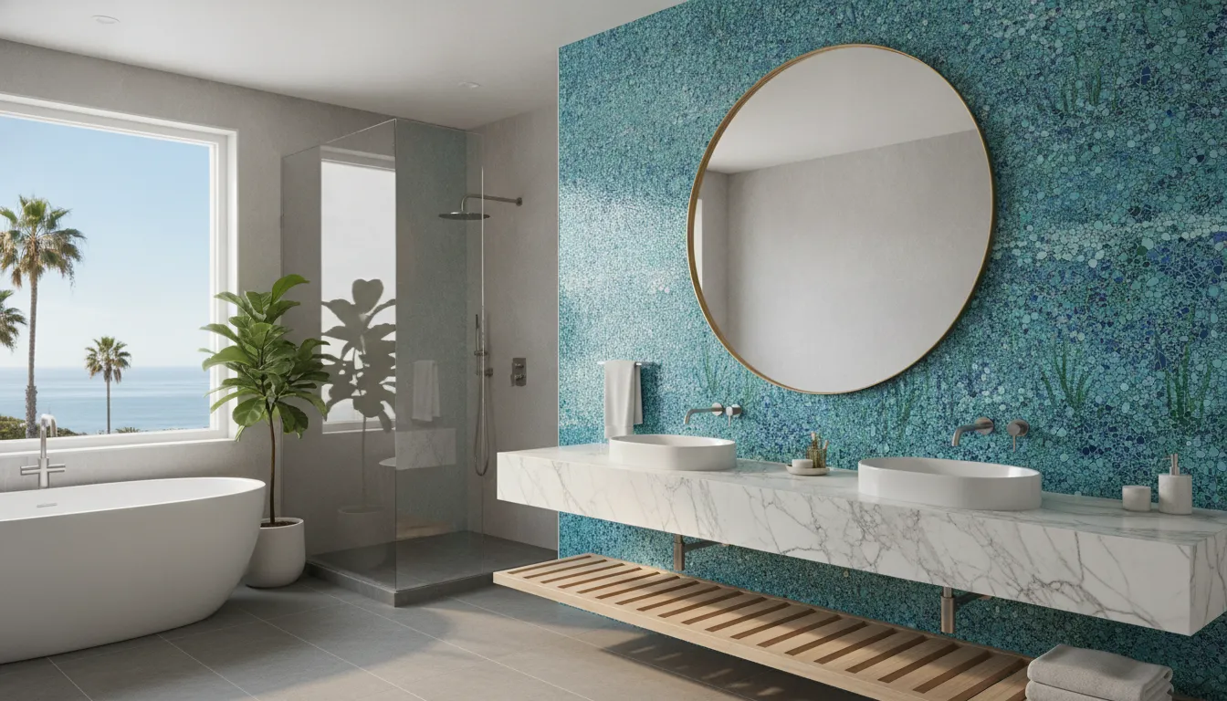 Modern bathroom mosaic glass tile accent wall with marble vanity and bright natural lighting