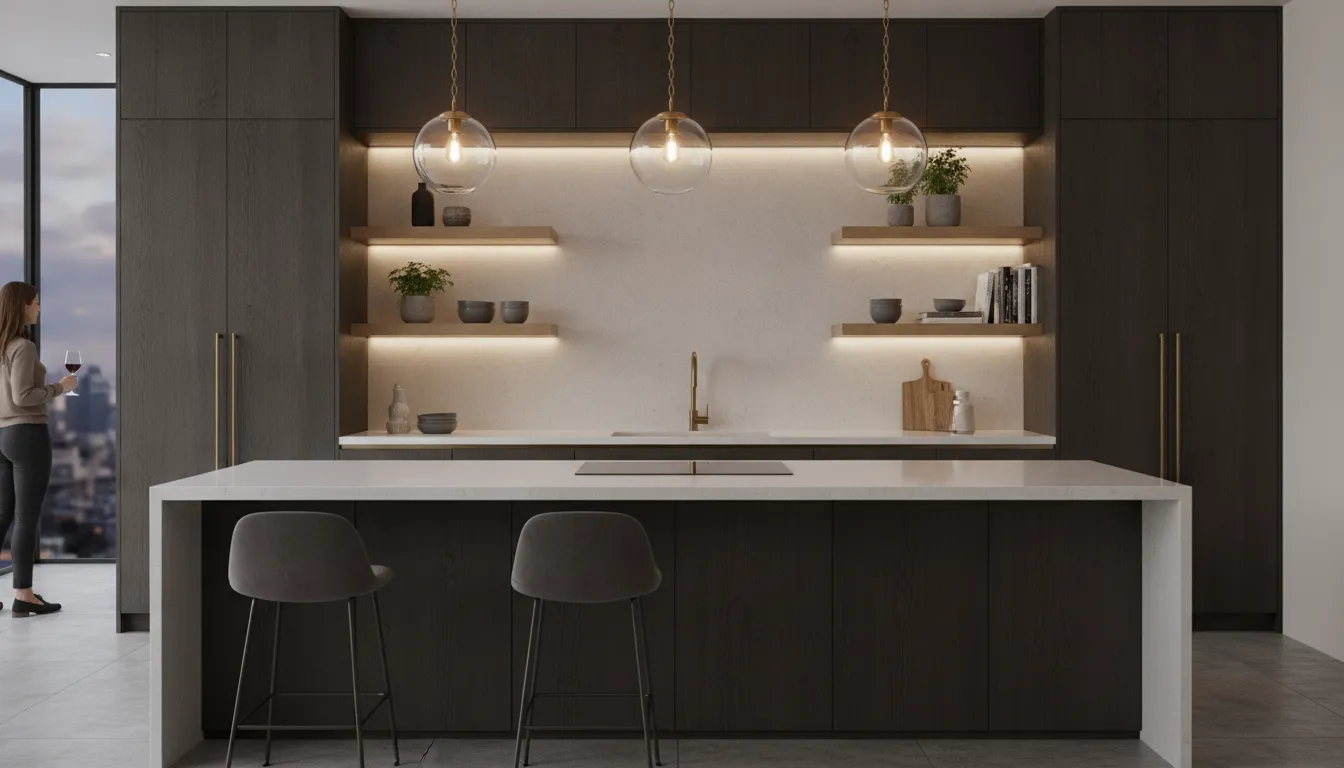 Warm pendant lights hung above a modern kitchen island with accent lighting on open shelving