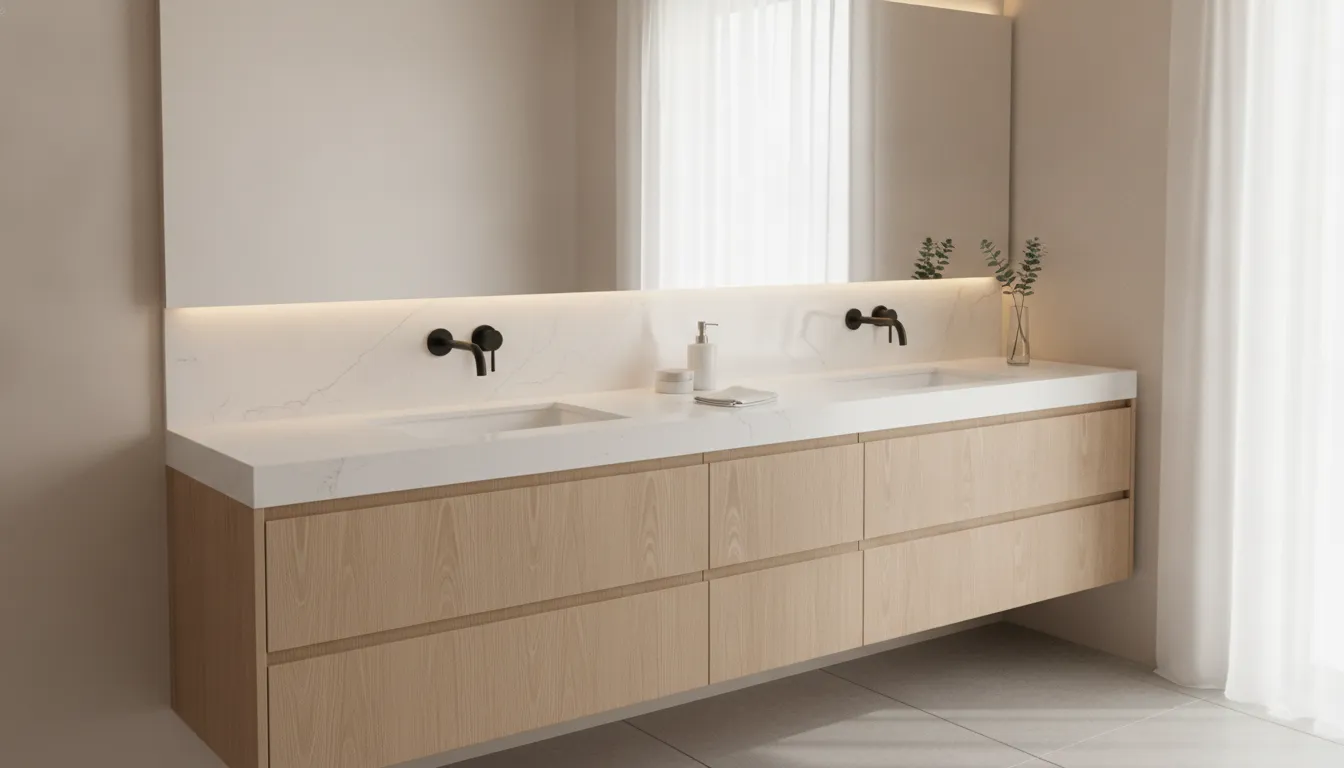 Modern white quartz bathroom vanity countertop with sleek faucet and clean lines