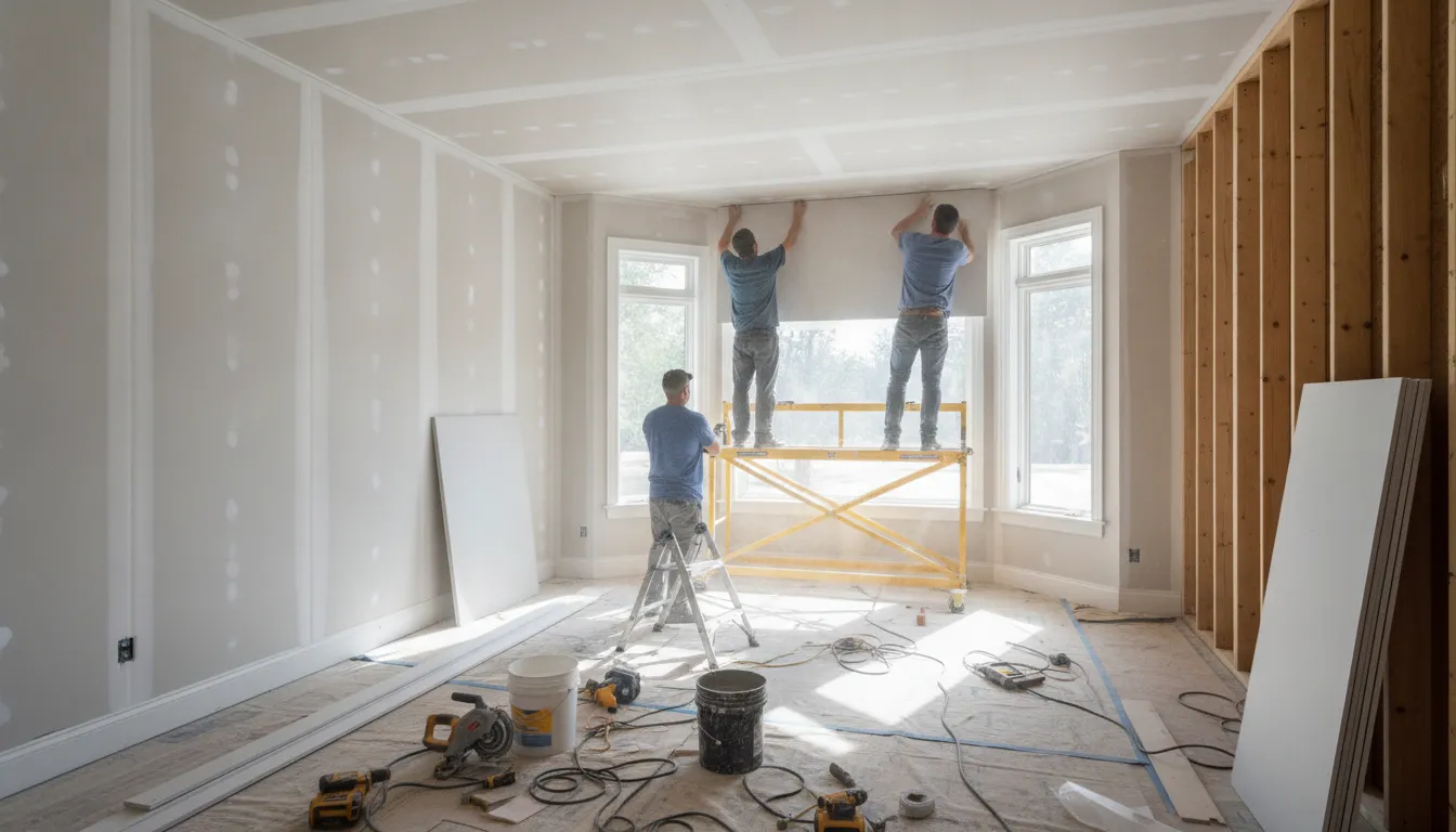 Construction crew completing finish work during a phased whole home remodel