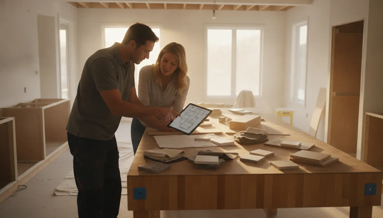 Contractor and homeowner planning a whole home remodel with material samples and floor plans