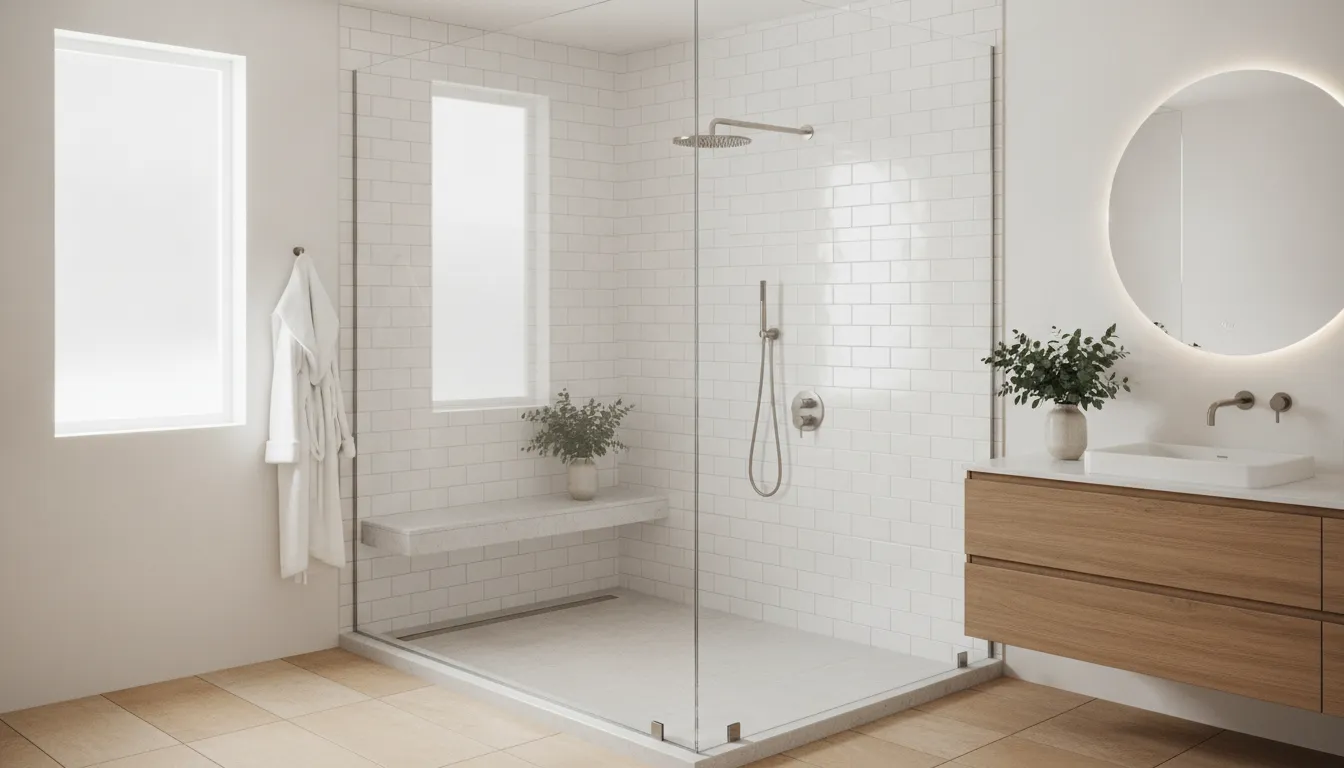 Sleek walk-in shower with frameless glass door and built-in bench in a modern bathroom