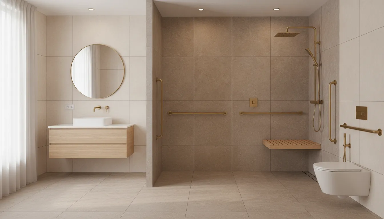 Zero-threshold shower in a modern accessible bathroom design