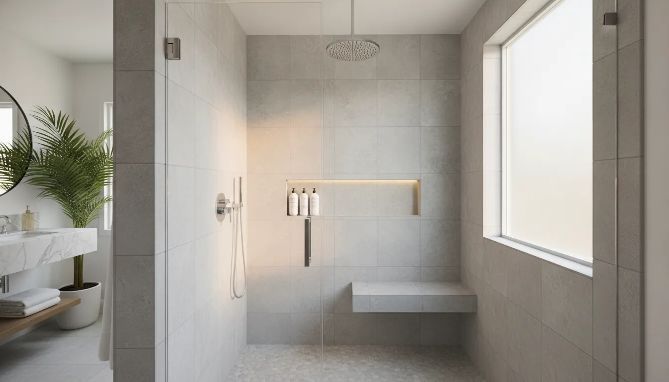 Modern walk-in shower with glass door in a San Diego bathroom remodel