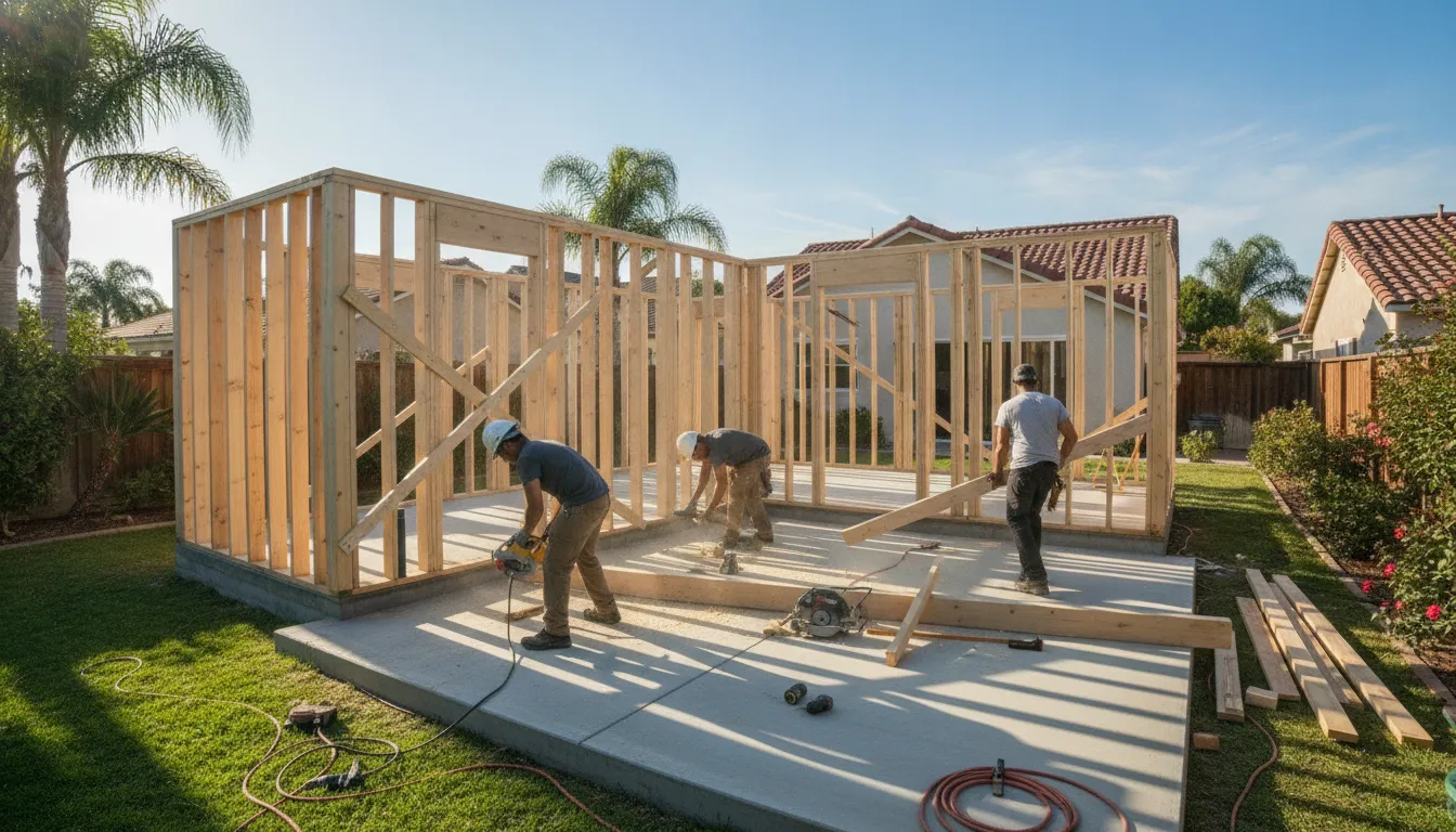 Contractor crew framing a new accessory dwelling unit in a San Diego backyard