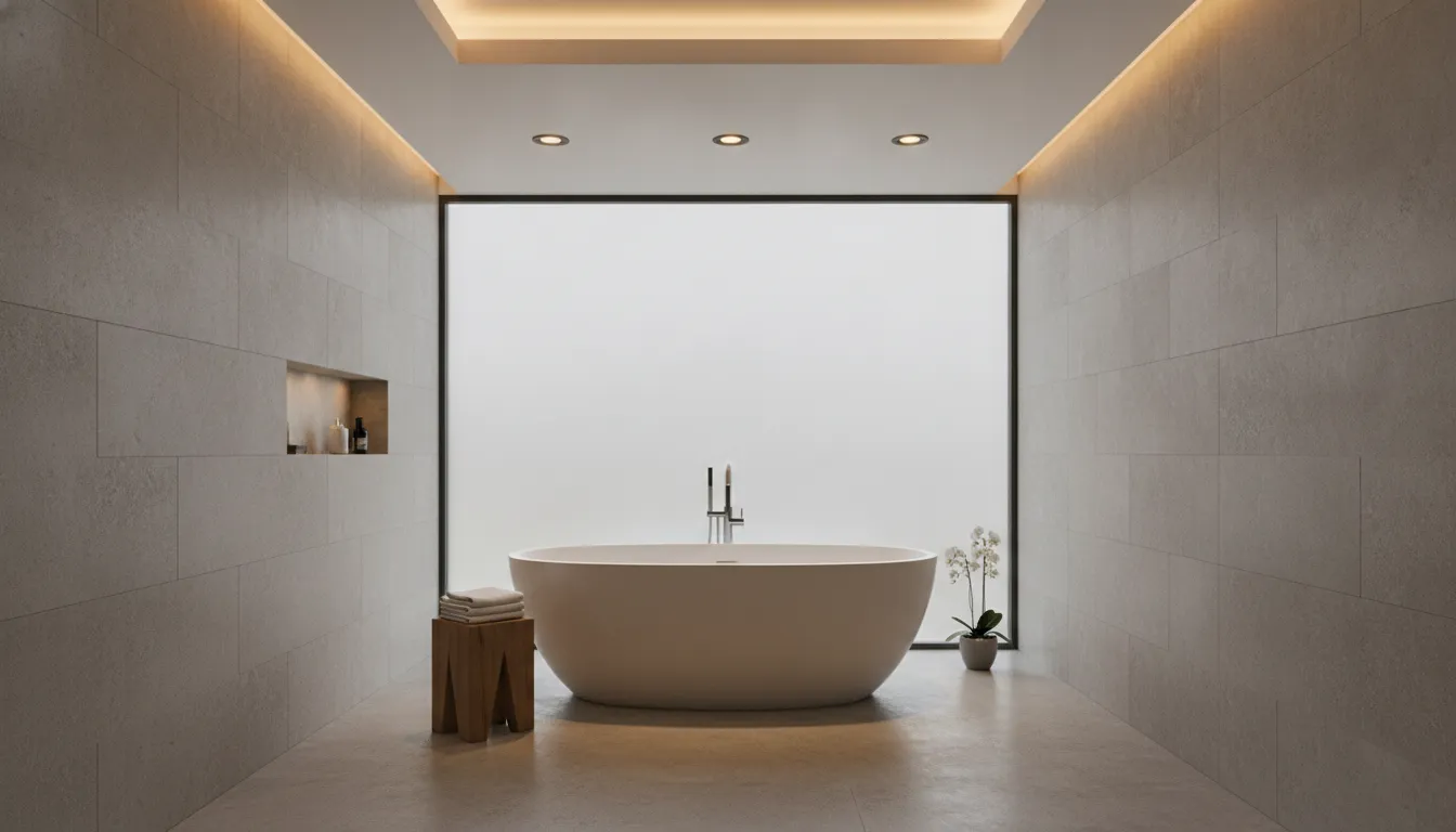 Warm accent lighting and recessed ceiling lights glow around a freestanding tub in a spa-like bathroom