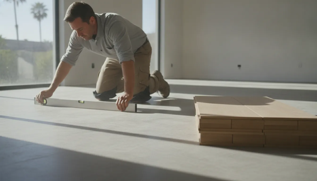 Installer checking a clean, level subfloor before laminate planks are laid