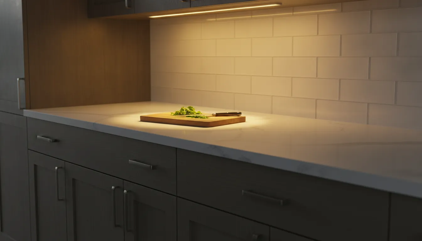 Under-cabinet task lighting illuminating a quartz kitchen countertop during food preparation